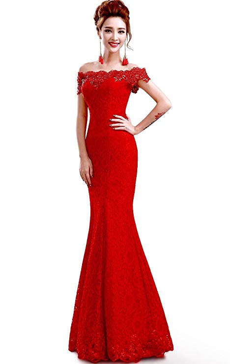 Babyonline Off Shoulder lace red Mermaid Evening Formal Bridesmaid Dress