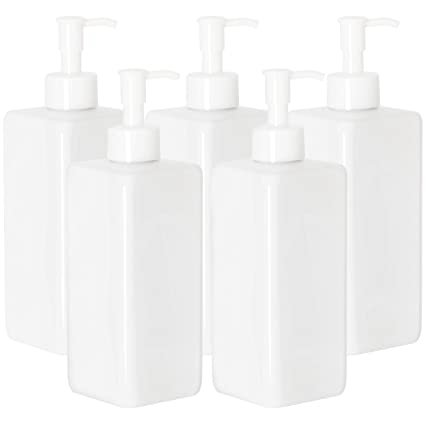 Youngever 5 Pack 16 Ounce Plastic Pump Bottles, Refillable Square Plastic Pump Bottles for Dispensing Lotions, Shampoos and More (White)