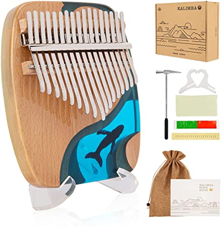 Kimi Kalimba, Thumb Piano 17 Keys, Resin Ocean Blue Kalimba, Finger Piano Musical Instrument with Acrylic Stand and Tune Hammer, Portable Gifts for Kids, Beginners, Professional