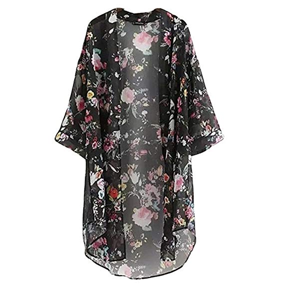 BOSSAND Women's Sheer Chiffon Blouse Loose Tops Kimono Floral Print Cardigan Cover Ups