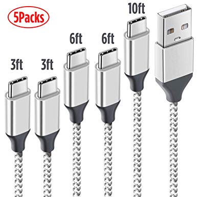 NganHing USB Type C Cable 5 Pack[3ft 6ft 10ft] Type-C Charging Cable Durable Nylon Braided Fast Charging Cord Compatible Samsung Galaxy S9 S8 Note 8 LG V30 G6 G5 Pixel Nintendo Switch - Silver
