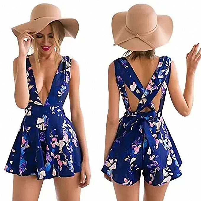 Moxeay® Sexy Floral Print Halter Back Cross Straps Jumpsuit Romper