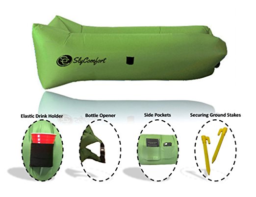 SlyComfort Inflatable Air Lounger, Waterproof Nylon Ripstop Portable Lazy Bag With Pockets, Anchor & Bottle Opener, Outdoor or Indoor for Camping, Beach, Park, Backyard, Float, Lounge Chair