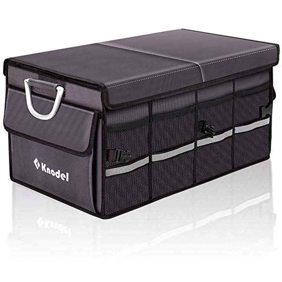 Knodel Sturdy Car Trunk Organizer with Foldable Cover, Heavy Duty Collapsible Cargo Storage Container, Multipurpose Portable Storage Bin and Carrier for Car, Waterproof (Gray)