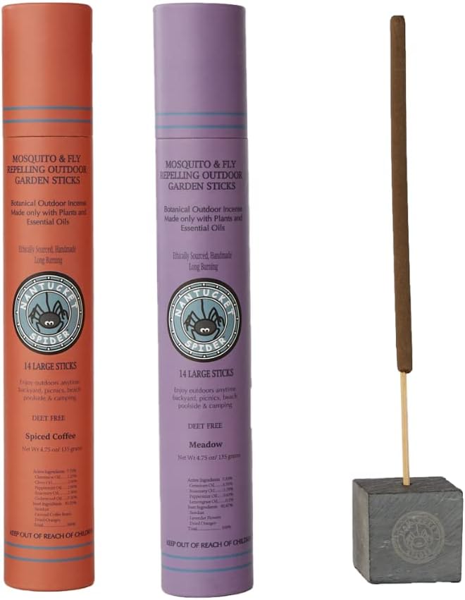 Nantucket Spider Mosquito & Fly Repelling Outdoor Garden Incense Sticks Bundle | 2 Pack (28 Sticks) & Artisanal Stone Block Incense Holder (1ct) | Spiced Coffee (14 Sticks) & Meadow (14 Sticks)