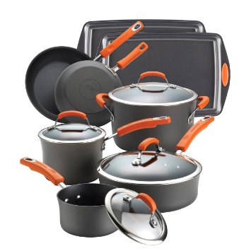 Rachael Ray Hard Anodized II Nonstick 12-Piece Set, Orange handles