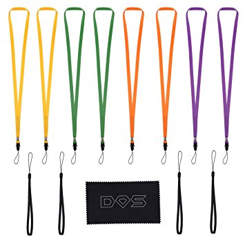 8 Neck Lanyards (Purple, Orange, Yellow, Green) and 4 Wrist Straps (black) - for ID Cards, Cell Phones, Keys, USB Drives, Compact Cameras, Flashlights, etc - Diamond Shield Cleaning Cloth / Packaging