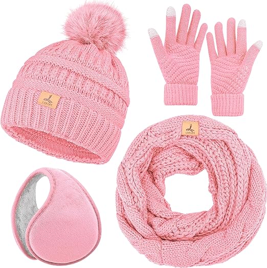 Winter Hat Scarf Gloves and Ear Warmer, Warm Knit Beanie Hat Touch Screen Gloves Set Winter Gifts Neck Scarves for Women