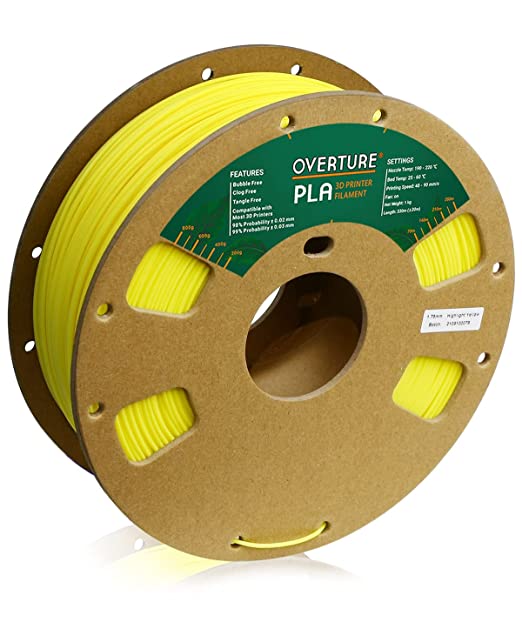 OVERTURE PLA Filament 1.75mm PLA 3D Printer Filament, 1kg Cardboard Spool (2.2lbs), Dimensional Accuracy  /- 0.03mm, Fit Most FDM Printer (Highlight Yellow)