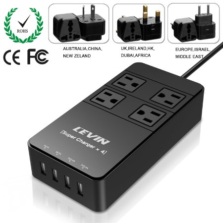 Levin UC-0006 4 Outlet HomeOffice Smart Charger with 4 AC Plugs and 4 USB Charger Ports 5 Feet - Black