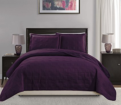 Mk Collection King/California king over size 118"x106" 3 pc Geo Bedspread Bed-cover Quilted Embroidery solid Dark Purple New