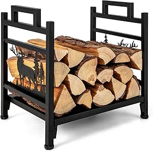 Goplus Firewood Rack Outdoor, 18.5” Metal Firewood Holder w/Mesh Sides & Base, Decorative Deer Patterns, Handle, Indoor Log Storage Rack, Small Wood Rack for Fireplace, Woodstove (18.5" x 13.5" x 18")