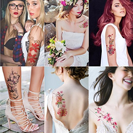Kotbs 6 Sheets Large Temporary Tattoos Flower Paper Sexy Body Tattoo Sticker for Women & Girl Fake Tattoo (Lily, Peach, Plum, Peony)