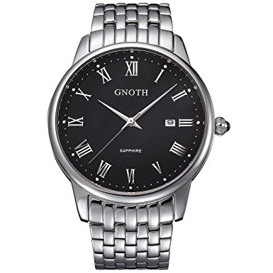 GNOTH Men's Black Sapphire Stainless Steel Watch with Date Roman Numeral Big Face