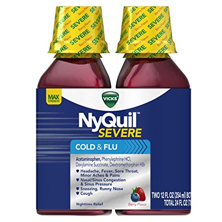 Vicks NyQuil Severe Cough Cold and Flu Nighttime Relief Liquid Twin Pack, Berry Flavor, 2x12 Fl Oz