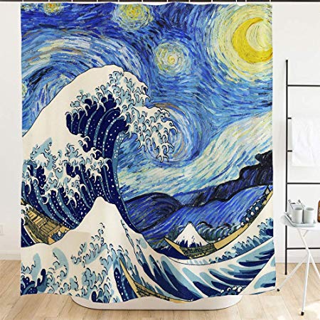 Ofat Home Van Gogh Starry Night and Japanese The Great Wave Painting Artistic Blue Shower Curtain with Hooks 72''x72'',Shower Curtain for Bathroom Home Decor
