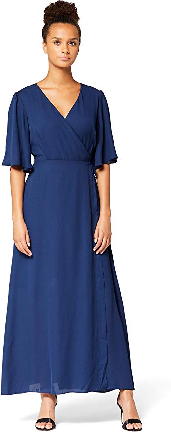 Amazon Brand - Truth & Fable Women's Maxi Chiffon Wrap Dress With Bell Sleeves