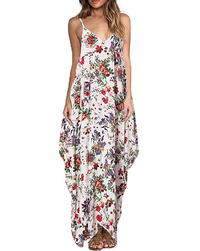 ZANZEA Women's Boho Floral Print V Neck Spaghetti Strap Long Maxi Dress Sundress