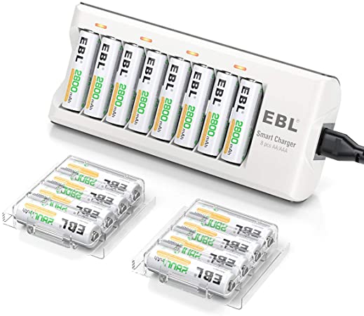 EBL AA Rechargeable Batteries High-capacity 2800mAh 16 Counts with AA AAA Battery Charger - Battery and Charger Set