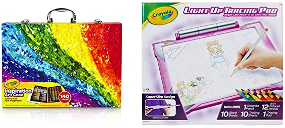 Crayola Inspiration Art Case Coloring Set, Easter Gift for Kids, 140 Art Supplies & Light Up Tracing Pad Pink, Easter Gifts for Girls & Boys, Age 6, 7, 8, 9