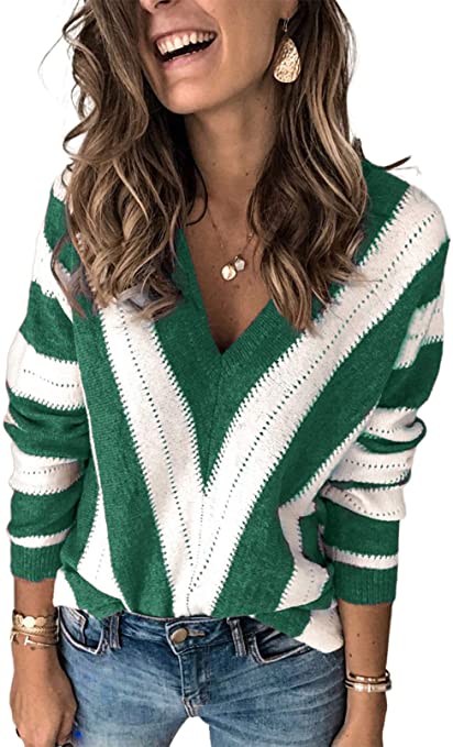 Asvivid Color Block Striped V Neck Sweater for Women Long Sleeve Knit Pullover Jumper Tops