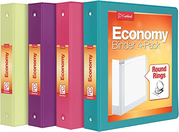 Cardinal 3 Ring Binders, 1.5 Inch, Round Rings, Holds 350 Sheets, ClearVue Presentation View, Non-Stick, Assorted Bright Colors, 4 Pack (79553)