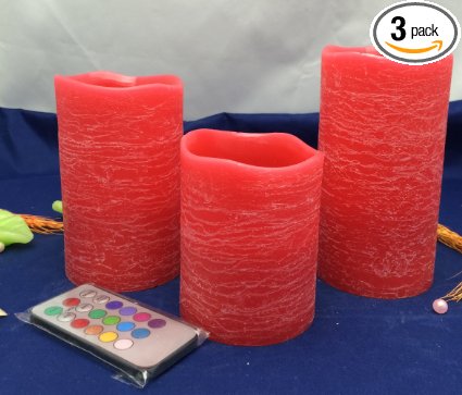 Flameless candles with timer-Real wax red rustic-floral scented,Battery operated Color changing flicker/night steady light option,Set of 3, tall 4",5",6"-by Adoria