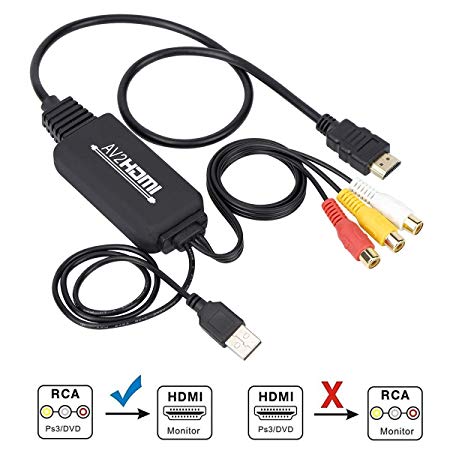 RCA to HDMI Converter, RCA to HDMI Cable, AV 3RCA CVBS Composite Audio Video to 1080P HDMI Adapter Supporting PAL NTSC for PC Laptop Xbox PS3 PS4 TV STB VHS VCR Camera DVD (Female to Male)