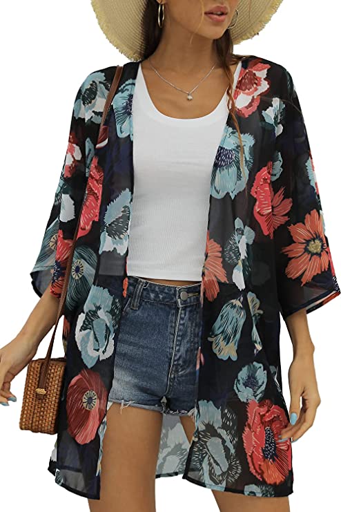 Women's Floral Print Puff Sleeve Kimono Cardigan Loose Cover Up Casual Blouse Tops