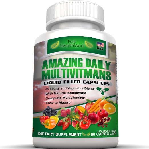 Daily Multivitamin Liquid Filled Capsules For Men Women Over 40 50 60 And Seniors. Easy To Absorb Best Food Based Natural Multivitamins Supplement With A Blend of 42 Fruit Vegetable Super Foods