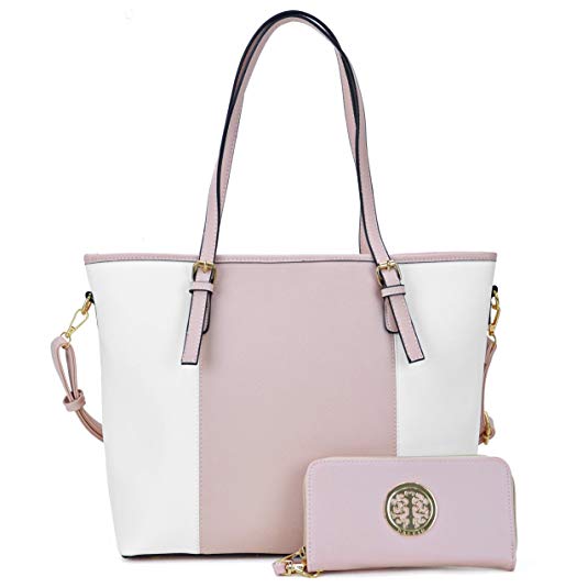 Women's Two Tone Fashion Handbag Top Handle Satchel Purse Tote Bag With Matching Wallet