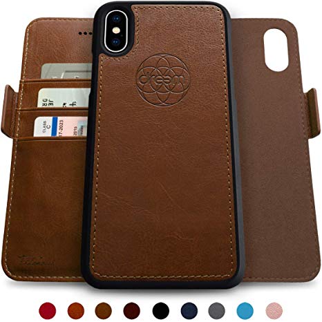 Dreem Fibonacci 2-in-1 Wallet-Case for iPhone Xs Max Magnetic Detachable Shock-Proof TPU Slim-Case, Wireless Charge, RFID Protection, 2-Way Stand, Luxury Vegan Leather, Gift-Box - Chocolate