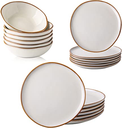 AmorArc Ceramic Dinnerware set, Service for 6 (18pcs), Stoneware Plates and Bowls Set,Highly Chip and Crack Resistant | Dishwasher & Microwave Safe,Ivory-Rustic Style