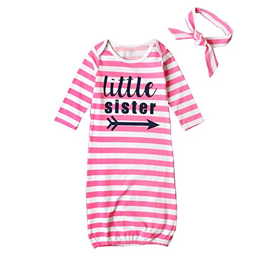 HBER Baby Girl Little Sister Long Sleeve Stripe Gowns Pajamas Newborn Take Home Outfits with Headband