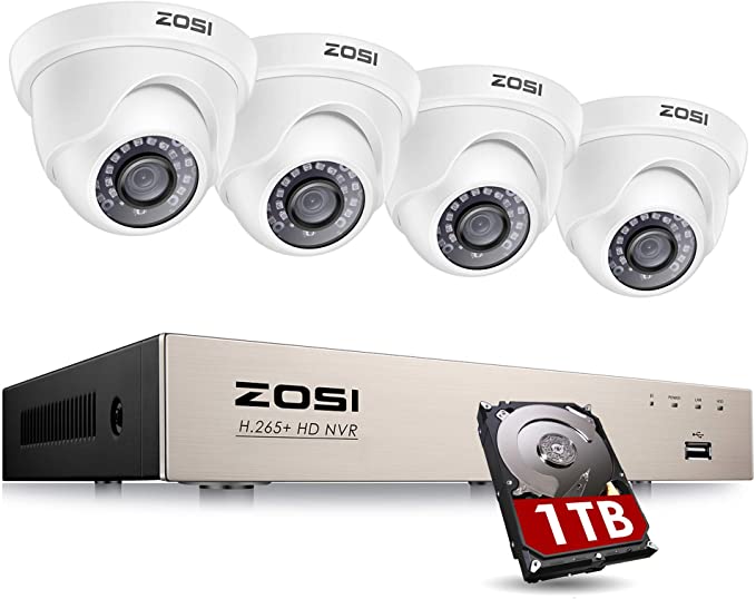 ZOSI 8CH PoE Home Security Camera System with 1TB Hard Drive,H.265  8 Channel 5MP NVR Recorder and 4pcs Wired 1080P Outdoor Indoor PoE IP Dome Cameras with Night Vision, Motion Alert, Remote Access