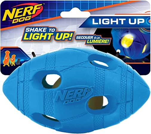 Nerf Dog Bash Football Dog Toy with Interactive LED, Lightweight, Durable and Water Resistant, 5.4 Inches for Medium/Large Breeds, Single Unit, Blue (2107)