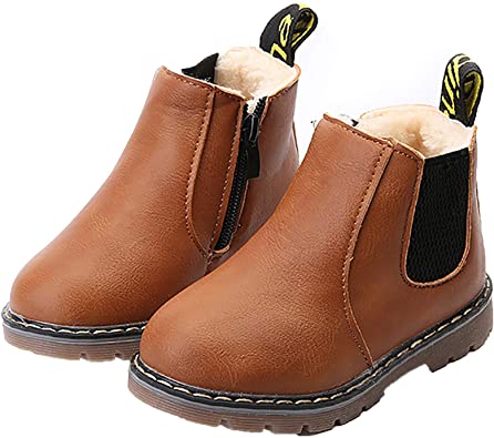 EsTong Baby Fur Lined Leather Boots Anti-Slip Winter Snow Booties for Toddler Boys Girls