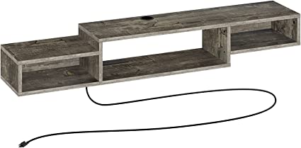 Rolanstar Wall Mounted Media Console with Power Outlet 59", Rustic Floating TV Stand Component Shelf, Entertainment Storage Shelf for Living Room, Grey