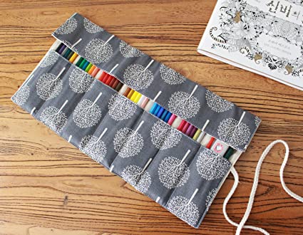 CreooGo Canvas Pencil Wrap, Pencils Roll Case Pouch Hold for 48 Colored Pencils (Pencils are not Included)-Tree,48 Holes