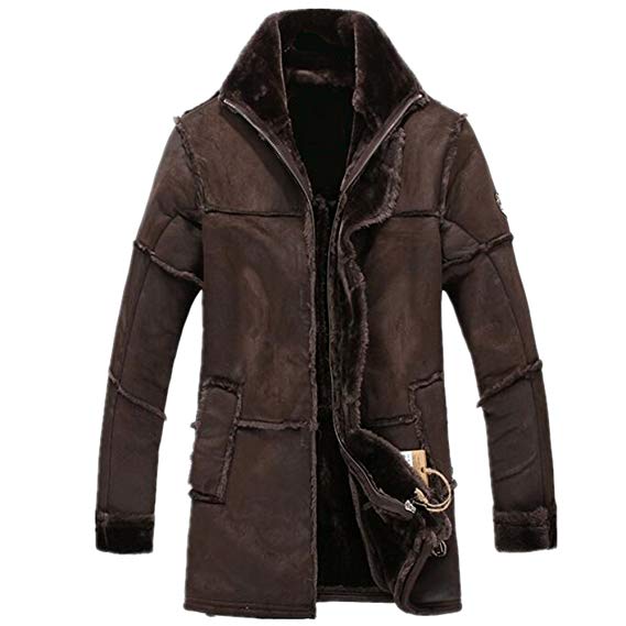 Allonly Men's Vintage Sheepskin Jacket Fur Leather Jacket Cashmere Shearling Coat