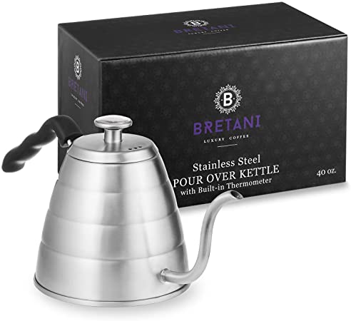 Bretani 40 oz. Stainless Steel Pour Over Coffee Kettle with Fixed Thermometer and Gooseneck Spout for Drip Coffee & Tea
