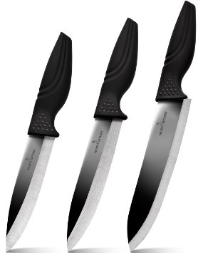 Beckett Cutlery Ceramic Knife Set - Premium Quality Kitchen Knives with Sheath: 6" Chef, 5" Slicing, 4" Paring - Mirror Finish Black Blade - Nonslip Handle - Exclusive Gift Box