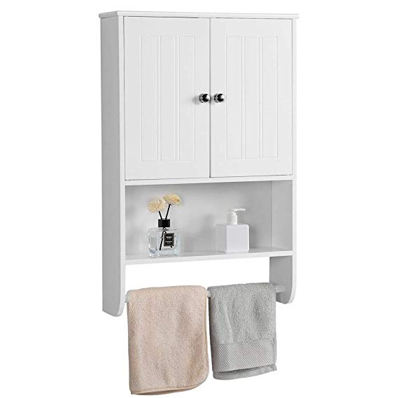 Yaheetech Bathroom Organizer Cupboard Wall Mounted Medicine Cabinet - Double Door Adjustable Shelves Hanging Bar, White