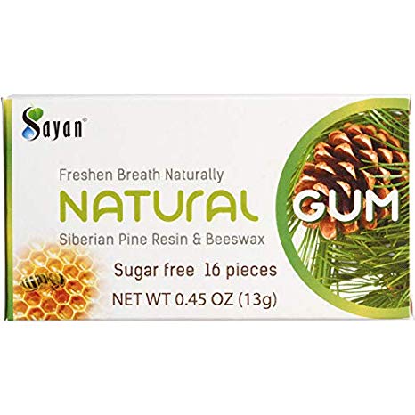 Sayan Sugar Free All Natural Gum 6 Packs (96 Pieces)| Siberian Pine Tree Resin and Beeswax Chewing Gum for Fresh Breath | Vegetarian, Non-GMO, No Sugar, Gluten Free, Aspartame Free | No Preservatives