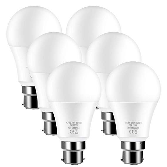 LED B22 Bayonet Light Bulbs 100W Equivalent, 2700K Warm White, A60 GLS Frosted BC Bulbs, Super Bright, Non-Dimmable, Energy Saving Light Bulbs, 6-Pack
