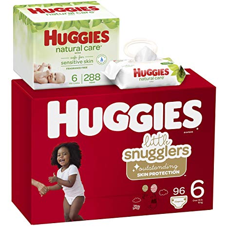 Huggies Brand Bundle – Huggies Little Snugglers Baby Diapers, Size 6, 96 Ct & Huggies Natural Care Unscented Baby Wipes, Sensitive, 6 Disposable Flip-Top Packs - 288 Total Wipes (Packaging May Vary)