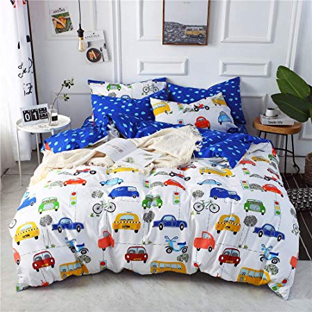 MKXI Soft Cotton Bedding Set Kids Collection with Cars Pattern for Boys Reversible Cartoon Duvet Cover Set Children's Queen Size