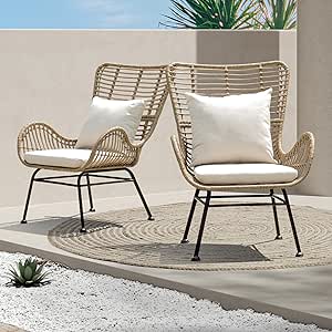 IDZO Isabelle Wicker Chairs Outdoor Set of 2, 2000 Hours UV Wicker Rattan Chair Outdoor, 500lbs Capacity Boho Patio Chairs with Thick Olefin Cushions and Pillows for Outdoor, Indoor Use