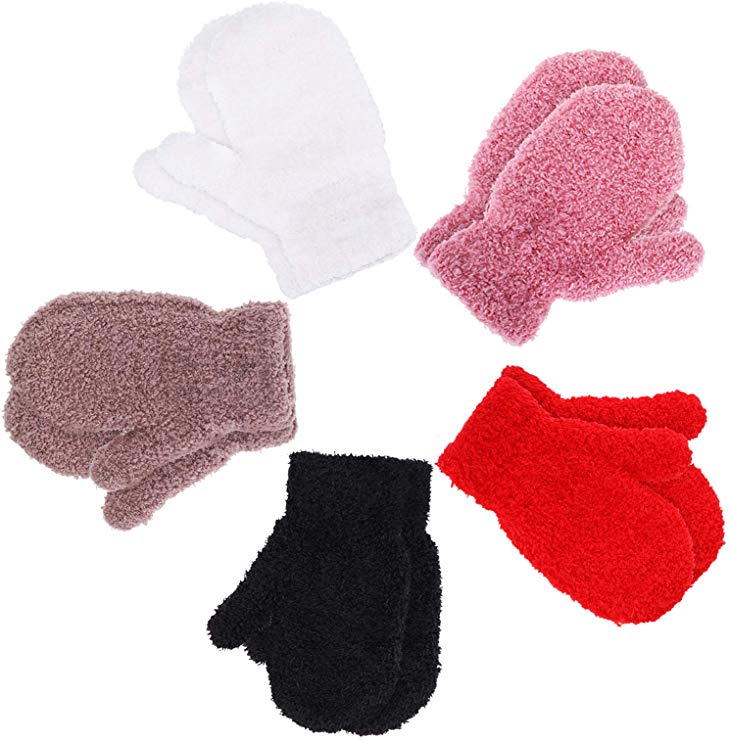 Boao 5 Pairs Stretch Full Finger Mittens Knitted Gloves Winter Warm Kid Gloves for Baby Boys and Girls Supplies