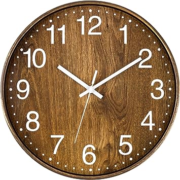 Lumuasky Wood Wall Clock, 12 Inch Silent Non-Ticking Battery Operated Round Clock for Living Room Bedroom Kitchen Home Office